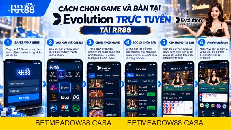 Evolution TRỰC TUYẾN RR88: Game Live, Bàn Chơi & Cách Vào - BETMEADOW88